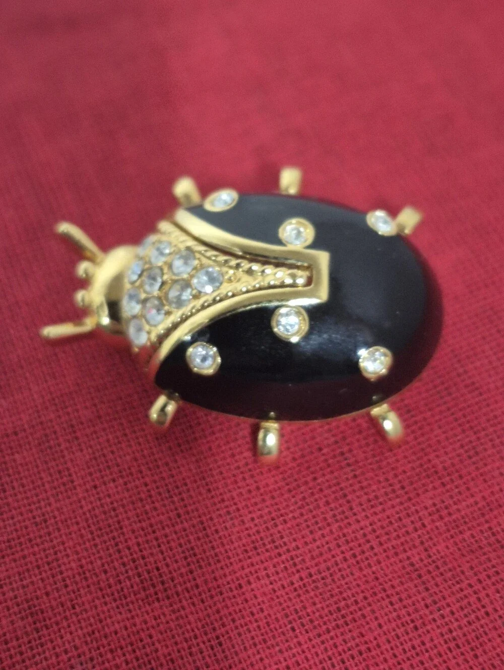 Vtg. St. John Gold-tone Black Enamel and Crystal Rhinestone Ladybug Brooch/Pin
